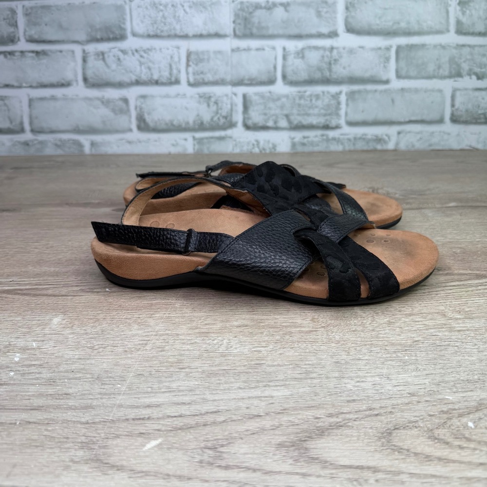 Vionic Eira Black Leather Leopard Print Slingback Sandals Size 8